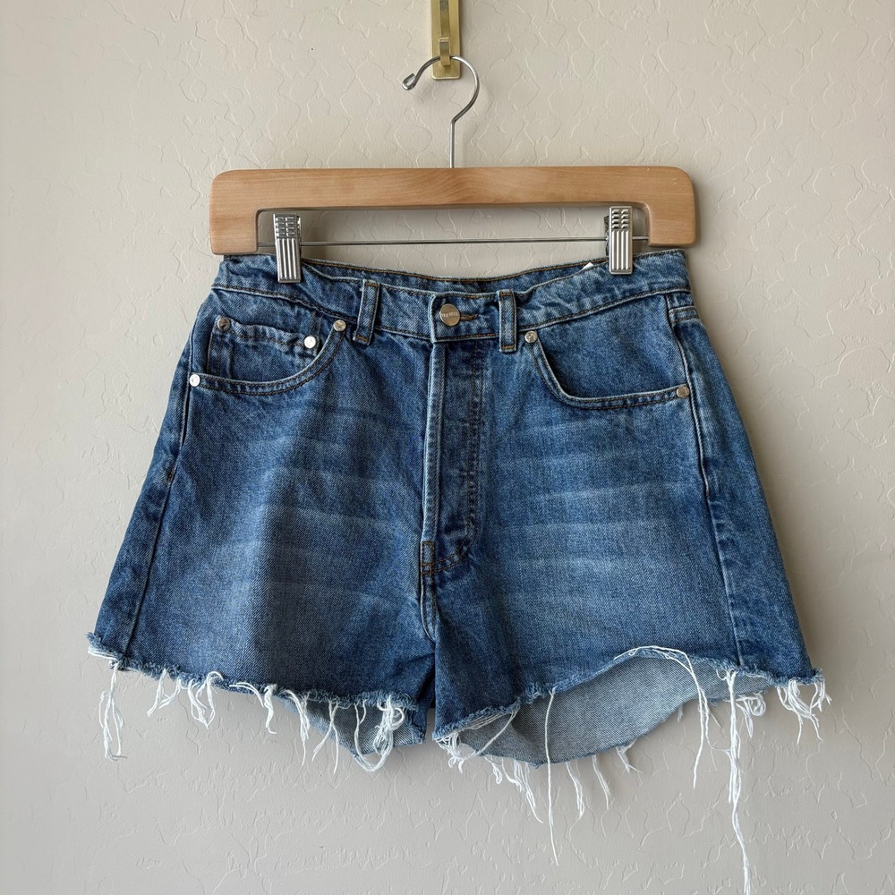 Djerf Avenue Denim Shorts Blue Organic Cotton Raw Hem Button Fly Shorts Size 25